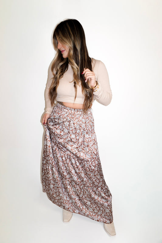 WEEKEND OUT WEST FLORAL HIGH WAISTED MAXI SKIRT (BROWN)