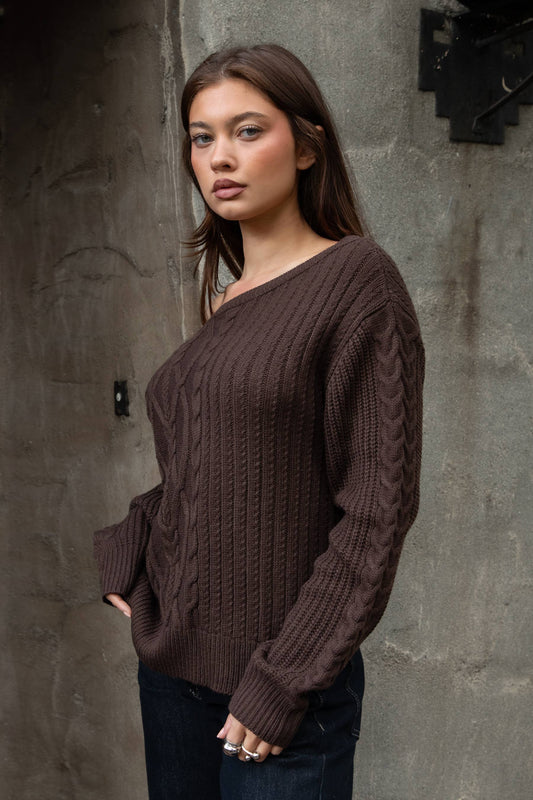 TORI OVERSIZED CABLE KNIT SWEATER (BROWN)