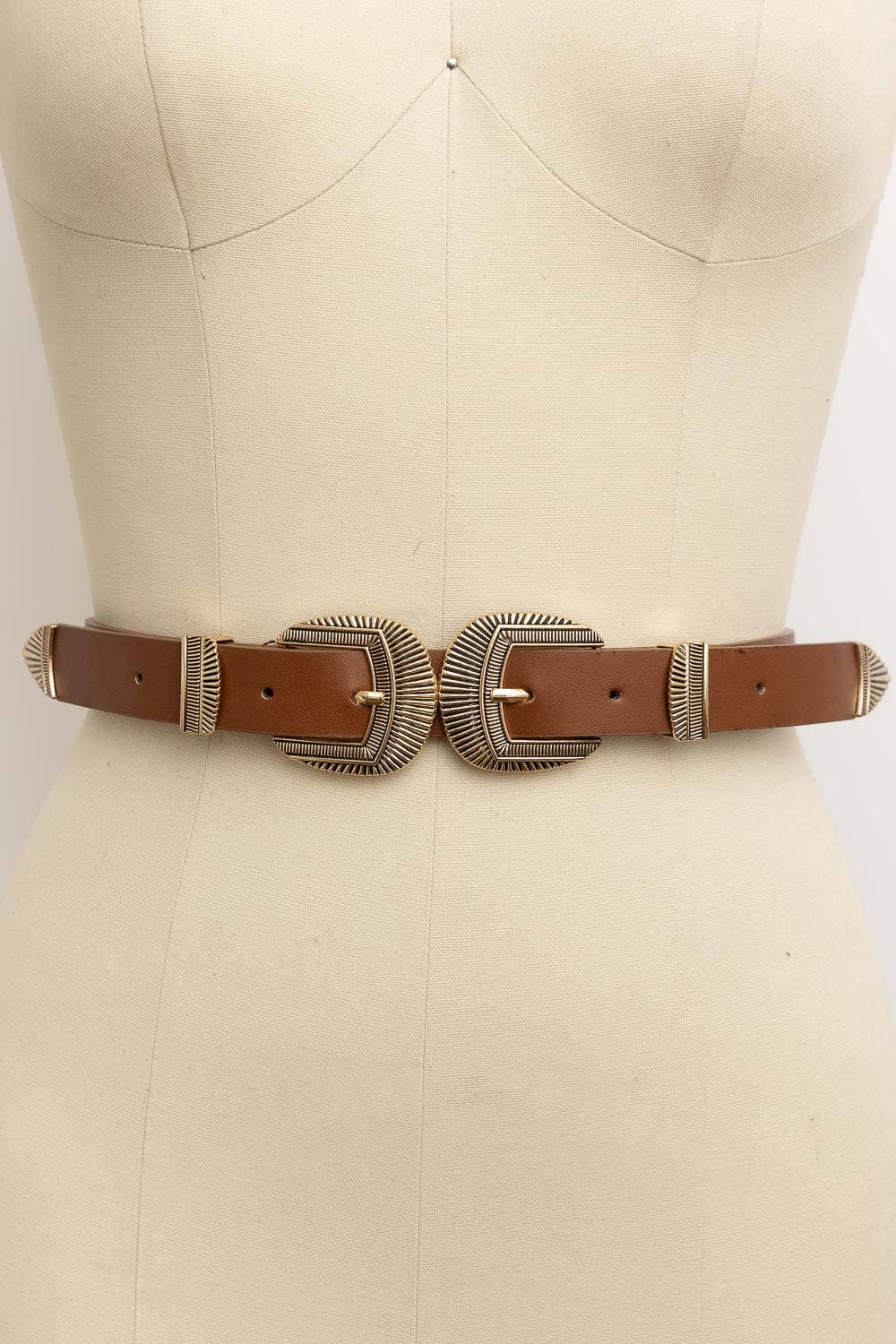 DOUBLE BUCKLE FAUX LEATHER WESTERN STYLE BELT (BROWN)