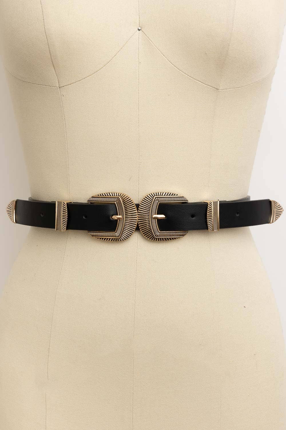 DOUBLE BUCKLE FAUX LEATHER WESTERN STYLE BELT (BROWN)