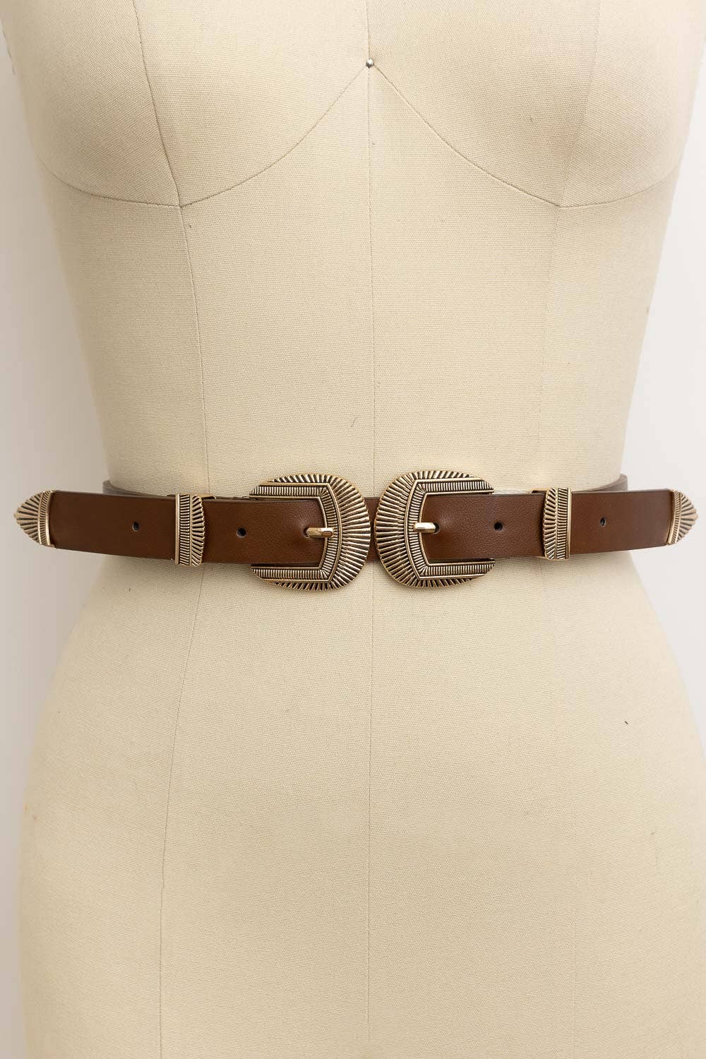 DOUBLE BUCKLE FAUX LEATHER WESTERN STYLE BELT (BROWN)