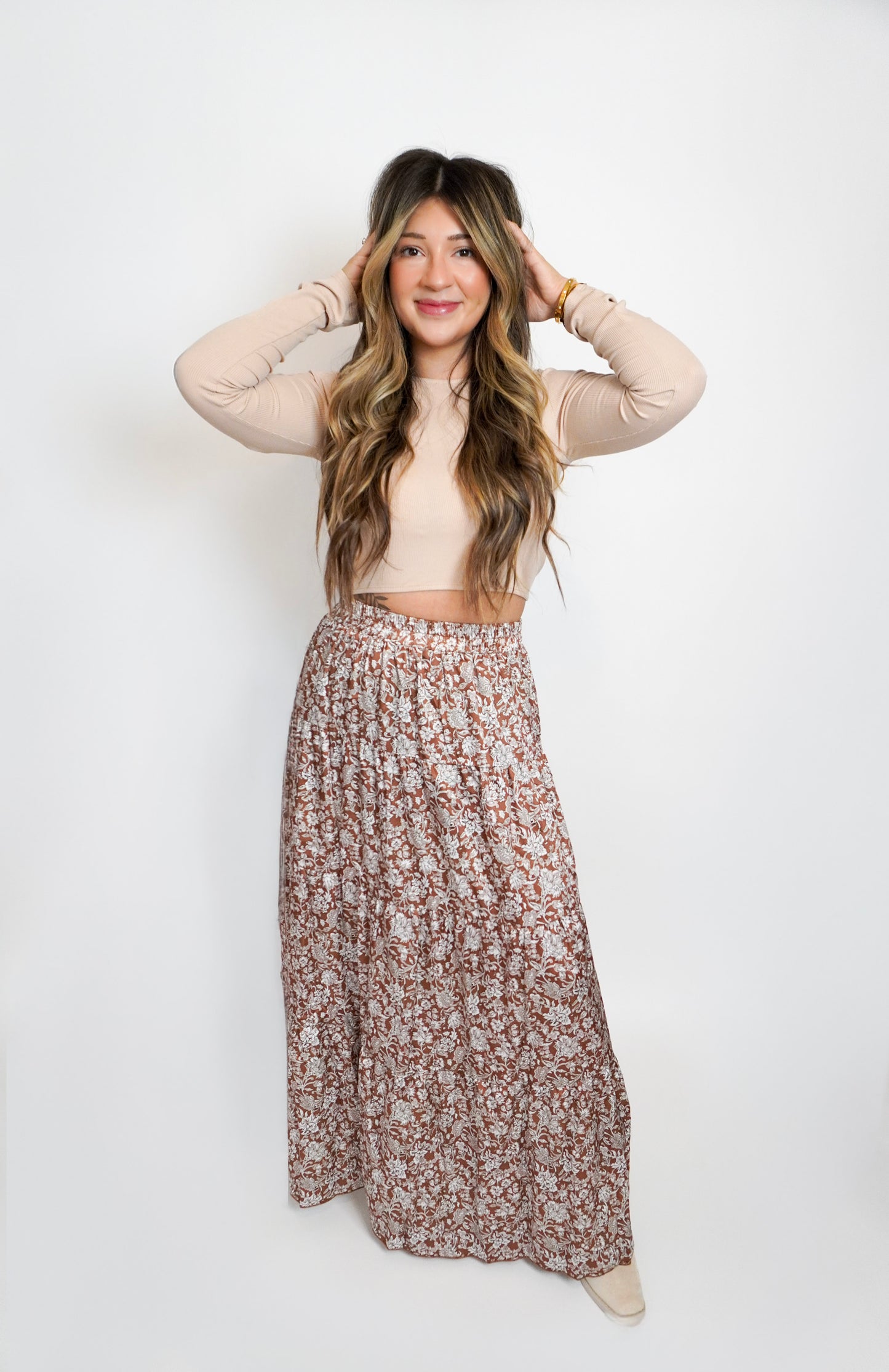 WEEKEND OUT WEST FLORAL HIGH WAISTED MAXI SKIRT (BROWN)
