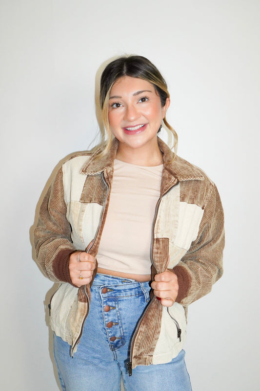 BROWN SUGAR BLISS PATCHWORK CORDUROY JACKET (BROWN MULTI)