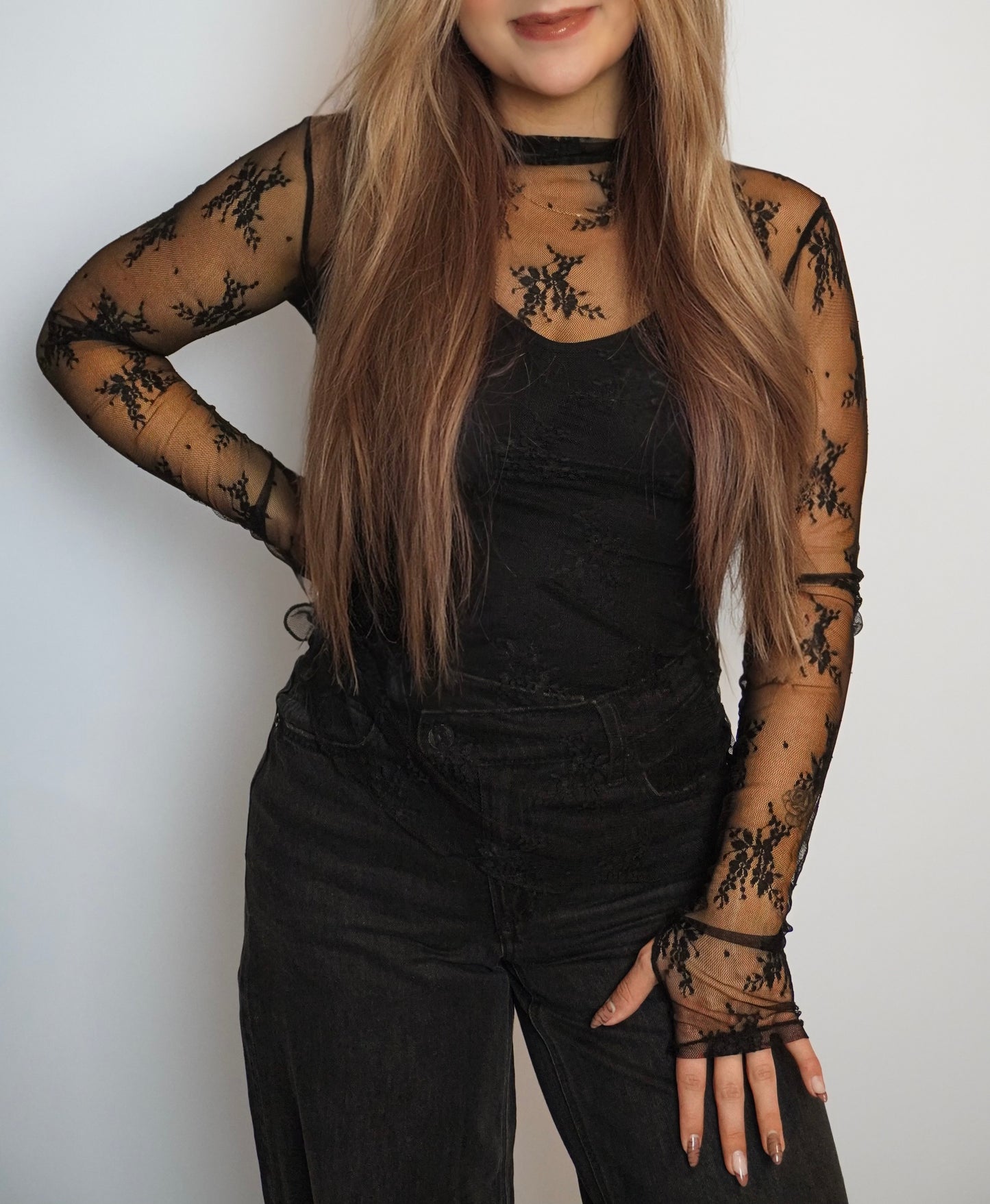 SHEER ELEGANCE MESH LACE LONG SLEEVE FITTED TOP (BLACK)