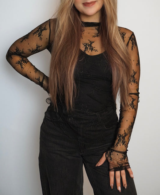 SHEER ELEGANCE MESH LACE LONG SLEEVE FITTED TOP (BLACK)