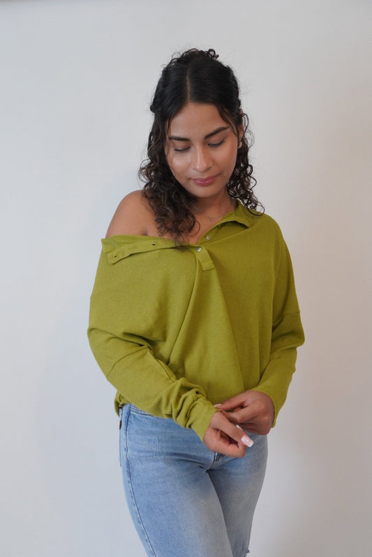 MATCHA MORNINGS KNIT HENLEY (EARTHY GREEN)