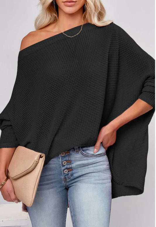 Cozy Confidence Waffle Knit Pullover – Black