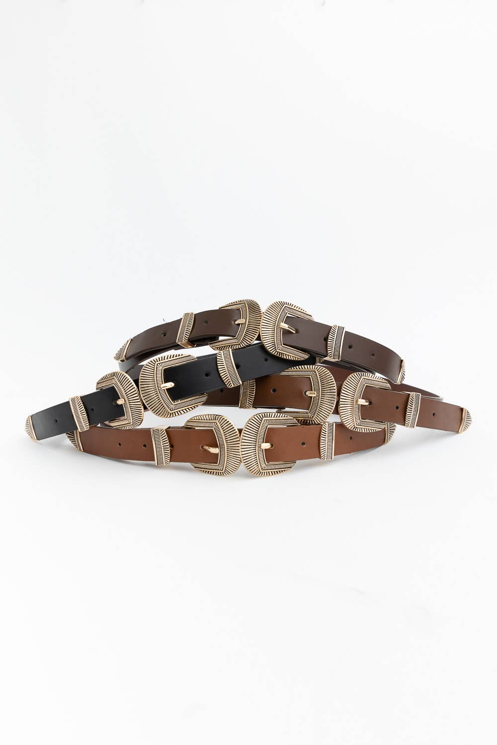 DOUBLE BUCKLE FAUX LEATHER WESTERN STYLE BELT (BROWN)