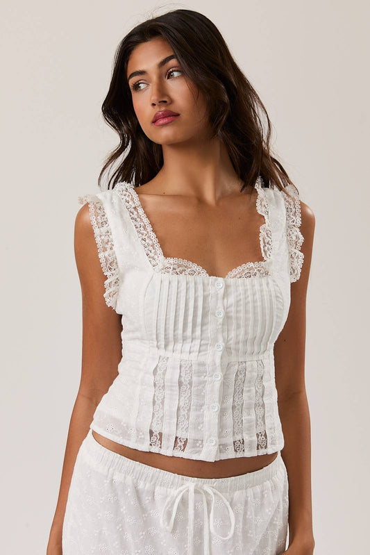 SLEEVELESS SQUARE NECK RUFFLE TOP (WHITE)
