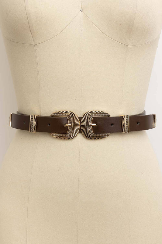 DOUBLE BUCKLE FAUX LEATHER WESTERN STYLE BELT (BROWN)